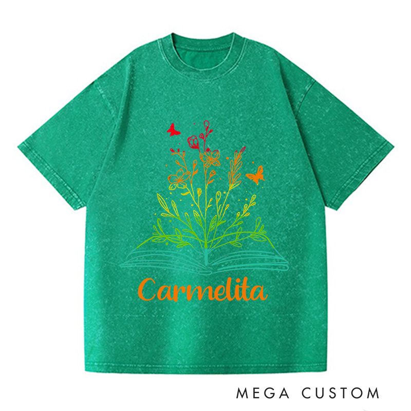 Personalized Book Flower Washed T-Shirts Library Shirts Book Reader Shirt Literary Shirt Book Lover Shirt Reading Tee