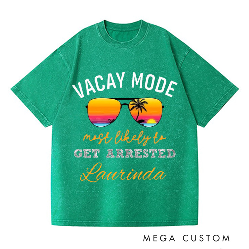 Personalized Vacay Mode Washed T-Shirts Summer Vacation Shirt Trendy Tee Colorful Patterned Shirt Gift For Traveler