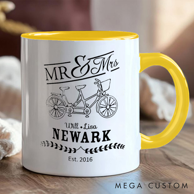 Personalized Mr Mrs Tandem Bike Coffee Cup Mug with Celebrate Wedding Anniversary for Outdoor Adventures Riding Cycling Biking Enthusiasts
