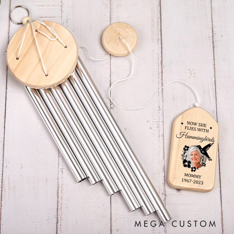 Personalized Photo Wind Chimes Now She Flies With Hummingbirds Bereavement Outdoor Wind Chimes for Loss of Loved One Sympathy Gifts
