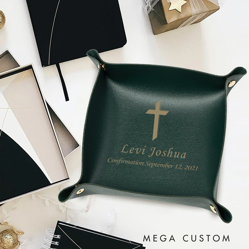 Personalized Cross Leather Storage Tray with Name and Cross Confirmation Gift Christening Religious Gift for Christian