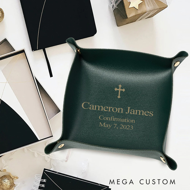 Personalized Confirmation Cross Leather Folding Storage Tray with Name and Date Confirmation Gift for Christian Religious Gift 