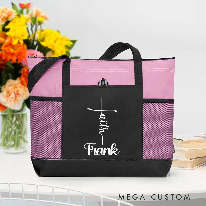 Personalized Faith Cross Tote Bag with Name and Zipper Large Capacity Religious Accessory Gift for Christian Religious Christian Gifts 