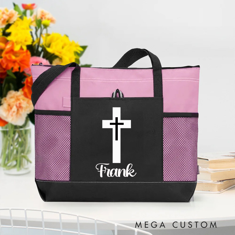 Personalized Cross Tote Bag with Name and Zipper Large Capacity Religious Accessory Gift for Christian Religious Christian Gifts 