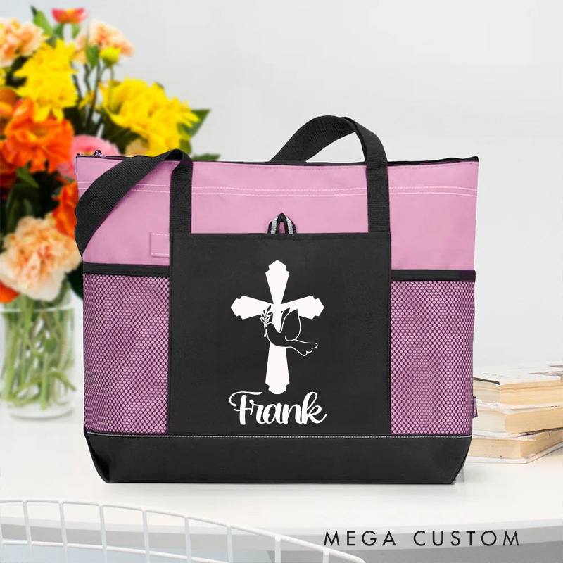Personalized Cross Dove Tote Bag with Name and Zipper Large Capacity Religious Accessory Gift for Christian Religious Christian Gifts 