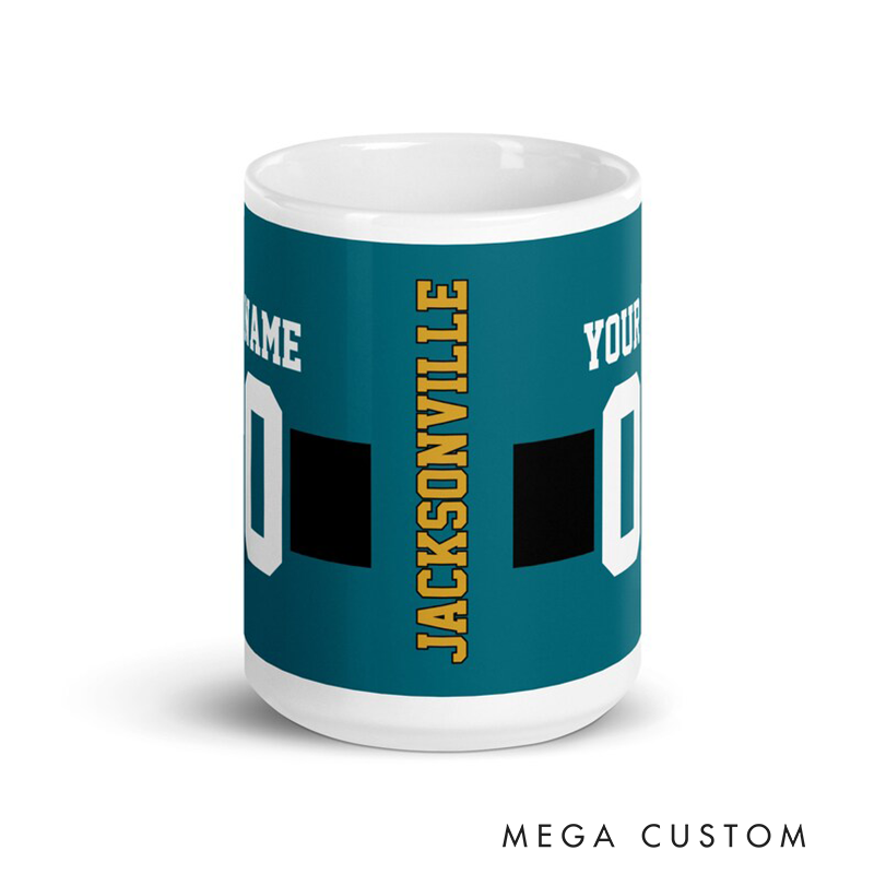 Personalized Football Mug Featuring Custom Team Name Player Name and Jersey Number Design Perfect for Sports Fans and Enthusiasts