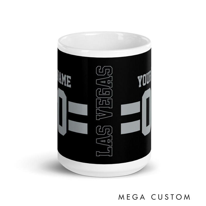 Personalized Football Mug with Customizable Team Name Player Name and Jersey Number Design in Sleek Black Style