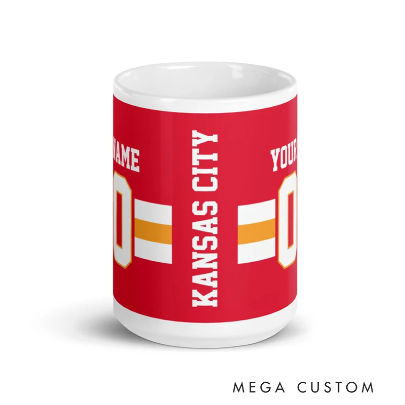 Personalized Football Mug with Custom Team Name Player Name and Jersey Number Featuring a Bold Red Design Perfect for Fans and Enthusiasts