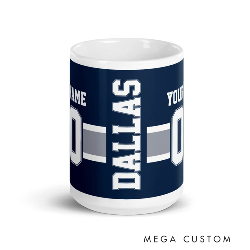Personalized Football Mug with Customizable Team Name Player Name and Jersey Number in Classic Navy Blue Design