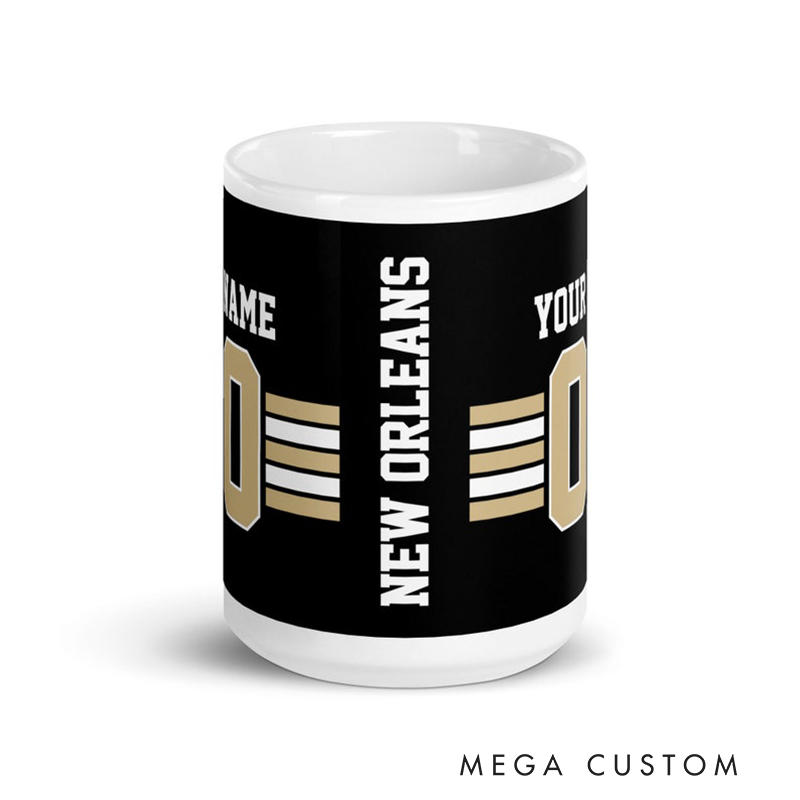 Personalized Football Mug with Customizable Team Name Player Name and Jersey Number in Sleek Black and Gold Design
