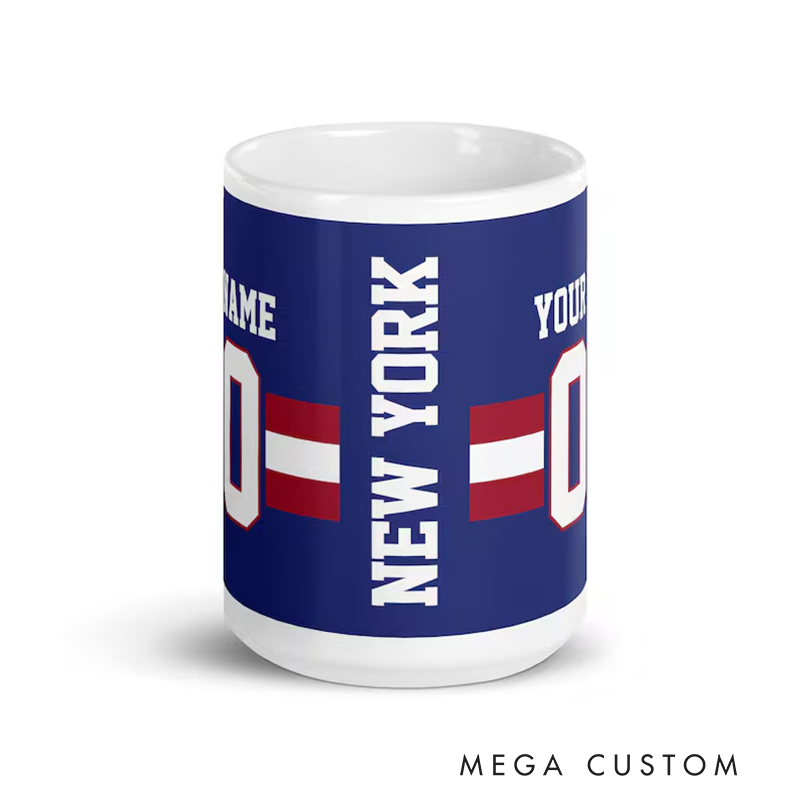 Personalized Football Mug with Customizable Team Name Player Name and Jersey Number in Bold Blue and Red Design