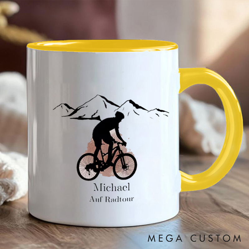 Personalized Mountain Biking Coffee Cup Mug with Name and Scenic Design for Outdoor Adventures Riding Cycling Biking Enthusiasts