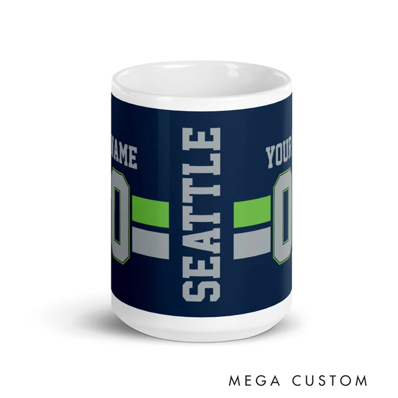 Personalized Football Mug with Customizable Team Name Player Name and Jersey Number in Navy Blue and Neon Green Design