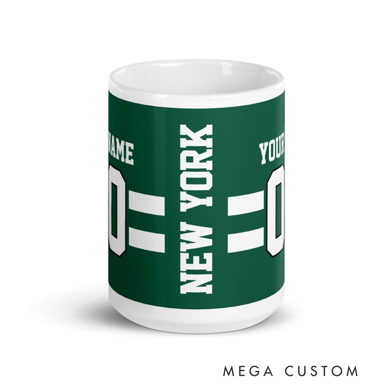 Personalized Football Mug with Customizable Team Name Player Name and Jersey Number in Classic Green and White Design
