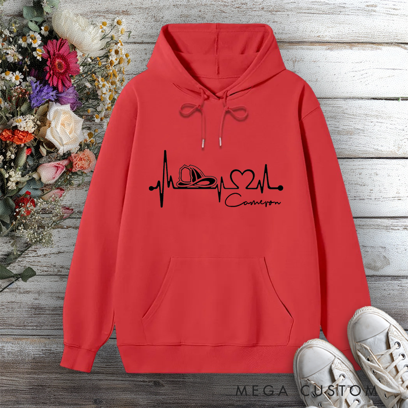 Personalized Hoodie Firefighter Heartbeat Line Design with Fire Helmet Gift for Firefighter