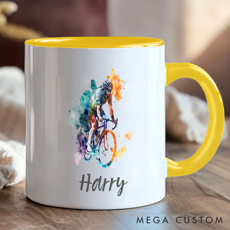 Personalized Watercolor Cyclist Coffee Cup Mug with Art for Outdoor Adventures Riding Cycling Biking Enthusiasts