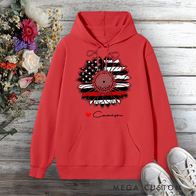 Personalized Hoodie Firefighter Thin Red Line Sunflower Design Gift for Firefighter