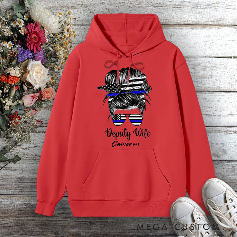 Personalized Police Hoodie Deputy Wife Design with Messy Bun and Thin Blue Line Gift for Police officer