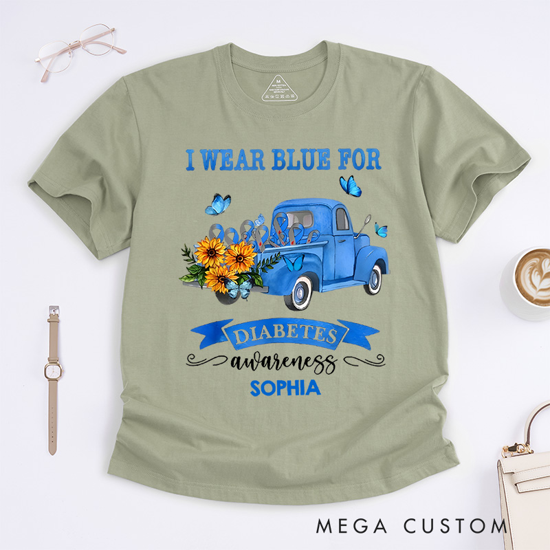 Personalized I Wear Blue for Diabetes Awareness T-Shirt Caring Gifts for the Sick