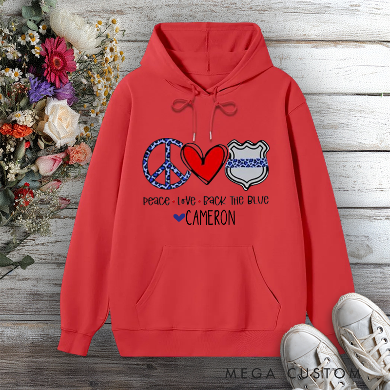 Personalized Police Wife Hoodie Peace Love Back the Blue Design Gift for Police Officers Wife