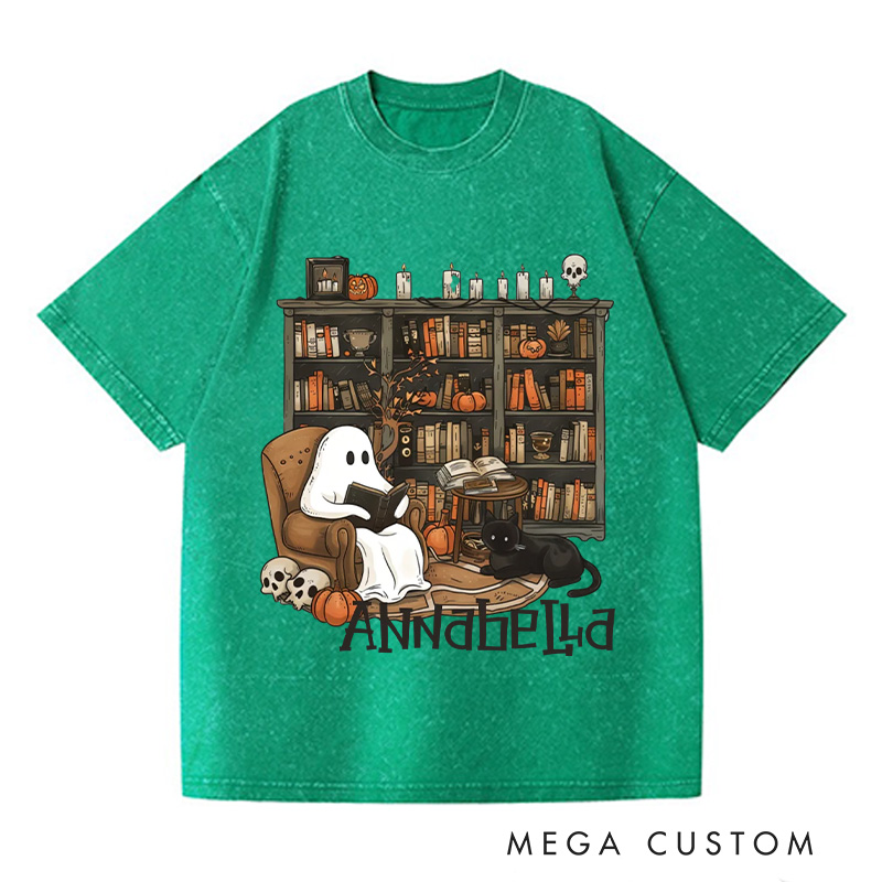 Personalized Retro Ghost Reading Books Washed T-Shirts Book Lover Shirt with Name Halloween Shirt Halloween Gifts Librarian Ghost Shirt