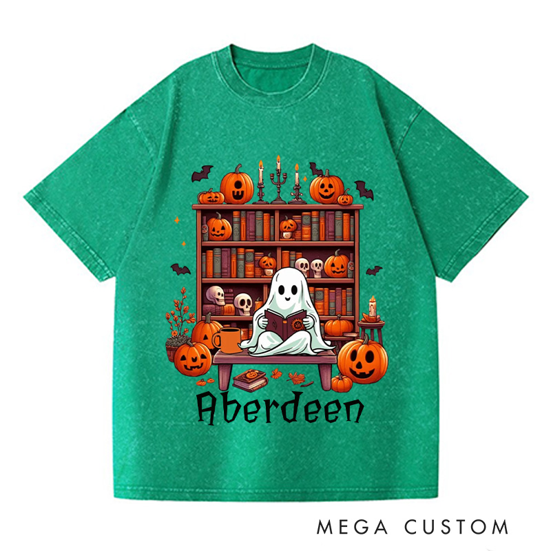 Personalized Ghost Book Reader Washed T-Shirts Reading Enthusiast Book Ghost Reader Tee for Literature Lover Boo Shirt Halloween Gifts