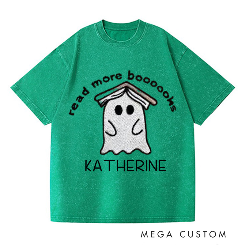 Personalized Ghost Book Washed T-Shirts Fall Spooky Season Tshirt Book Lover Shirt Cute Reading Ghost Shirt Halloween Gift Bookish-Librarian Gift