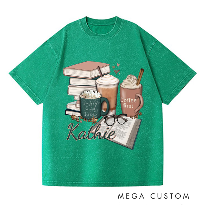 Personalized Coffee and Books Washed T-Shirts Librarian Tshirt Book Lover Shirt Bookworm Shirt Reader Shirt Gift for Reading