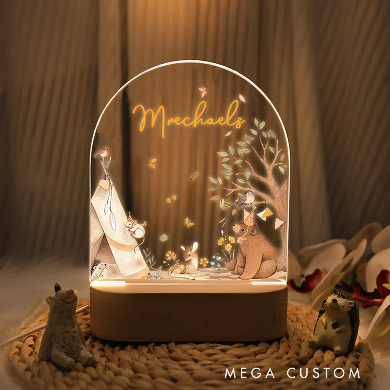 Personalized Woodland Animals Gathering Near Teepee and Tree for Cozy and Whimsical Night Lamp  Newborn Gift