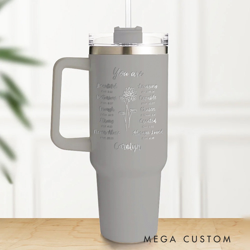 Personalized Birth Flower Bible Verse 40oz Insulated Tumbler with Name and Straw Christmas Gift for Women Christian Birthday Gift for Her