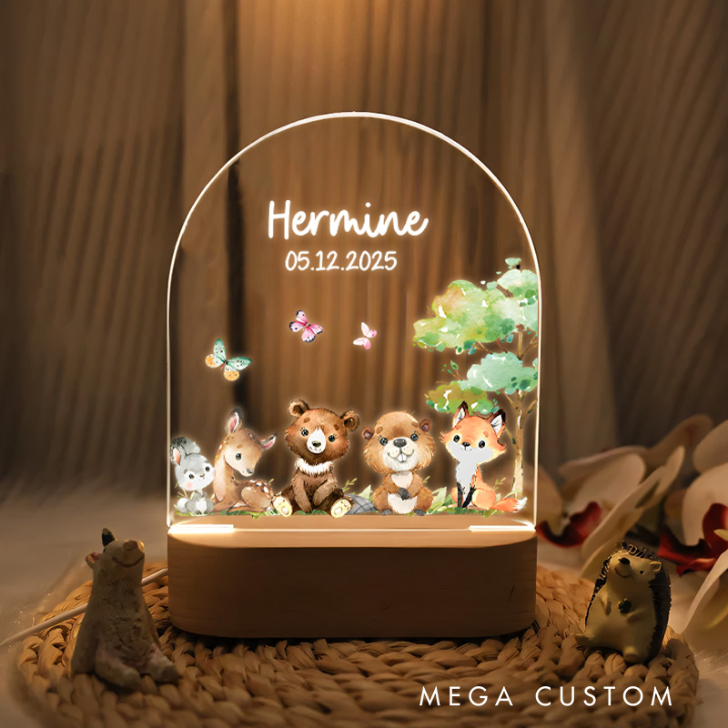 Personalized Adorable Forest Friends Sitting Together with Butterflies and Trees for a Delightful Night Lamp