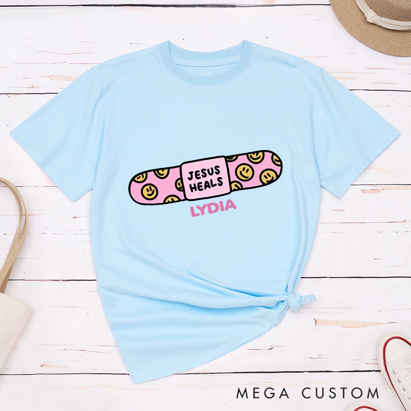 Personalized Jesus Heals Classic T-Shirt with Custom Name Smiley Faces Bandage Theme Religious Shirt Easter Gift for Christians Birthday Gift