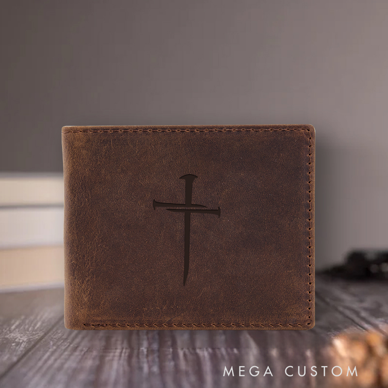 Personalized Cross Leather Bifold Wallet with Multi Pocket Confirmation Gift Christian Birthday Gift for Christians