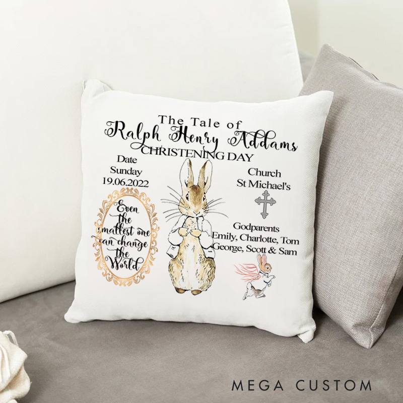 Personalized Christening Keepsake Pillow Cover with Rabbit and Custom Name Christian Home Decor Birthday Baptism Gift for Girls Boys