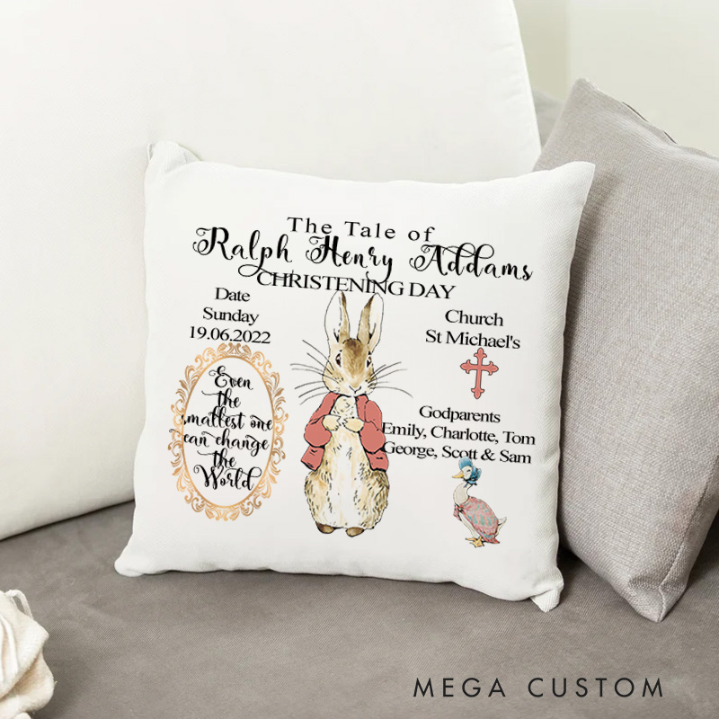 Personalized Christening Keepsake Pillow Cover with Red Rabbit and Custom Name Christian Home Decor Baptism Gift for Girls Boys