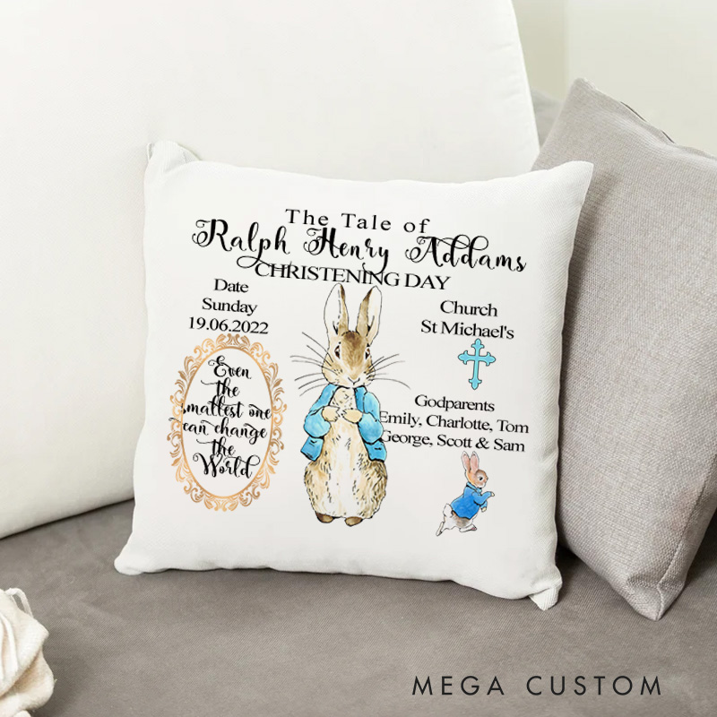 Personalized Christening Keepsake Pillow Cover with Blue Rabbit and Custom Name Christian Home Decor Baptism Gift for Girls Boys