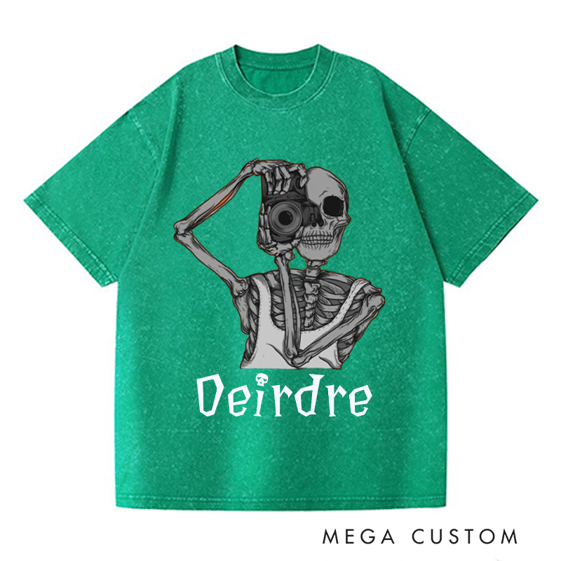 Personalized Skeleton Take Photos Washed T-Shirts Skeleton Shirt Funny Skeleton Tee Gifts For Those Who Love To Travel And Record Trip Lover Gift