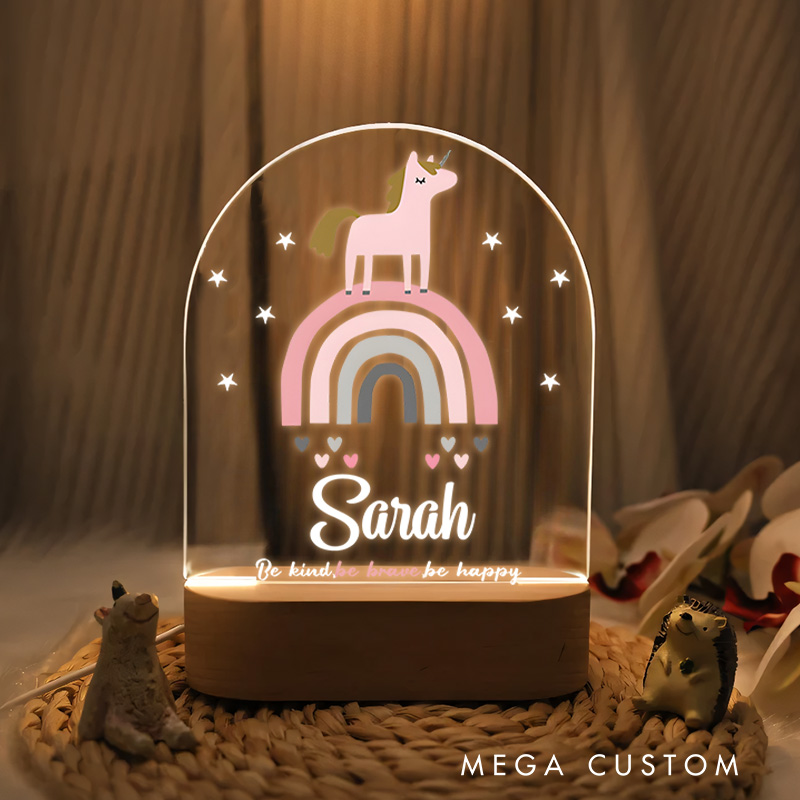 Personalized Magical Unicorn Standing on a Pastel Rainbow Surrounded by Hearts and Stars for a Dreamy Night Lamp