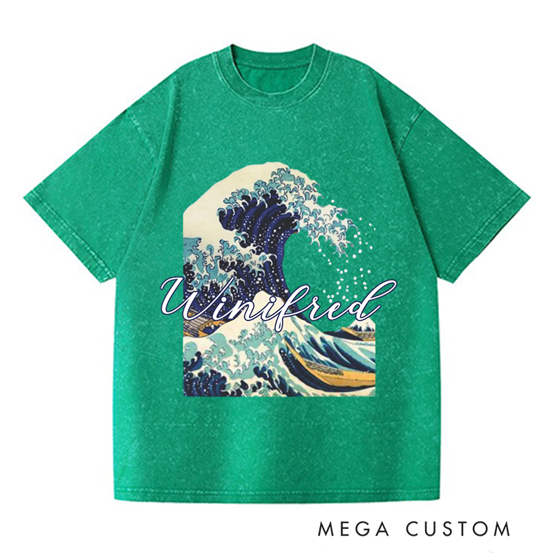 Personalized Giant Wave Washed T-Shirts Artistic Shirts Vacation Tee Customized Name Shirt Gift For Traveler