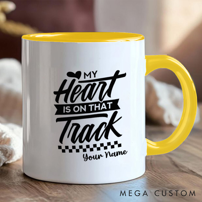 Personalized Racing Heart Mug with Name and Track Design for Outdoor Adventures Riding Cycling Biking Enthusiasts