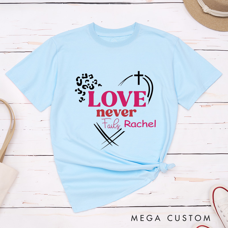 Personalized Love Never Fails Leopard Style Classic T-Shirt Bible Verse Cotton Shirt with Custom Name Easter Gift for Women