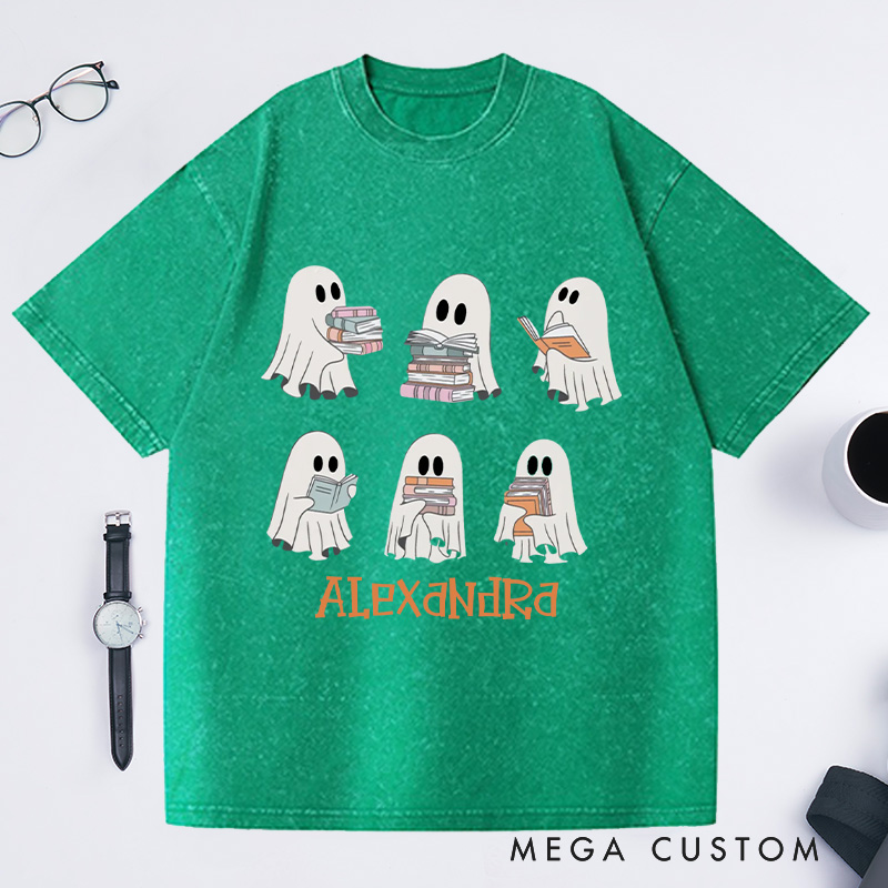 Personalized Ghost Reading Washed T-Shirts Halloween Shirt Librarian Shirt Book Lover Tshirt Reading Shirt