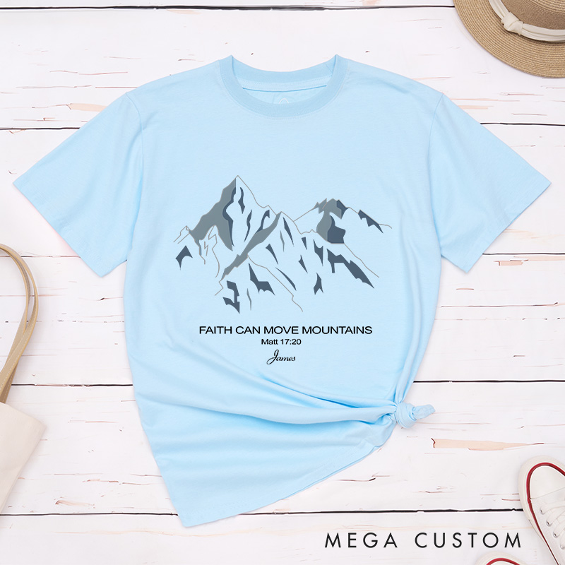 Personalized Faith Can Move Mountains Classic T-Shirt with Custom Name Essential T-Shirt Religious Shirt Birthday Easter Gift for Christians