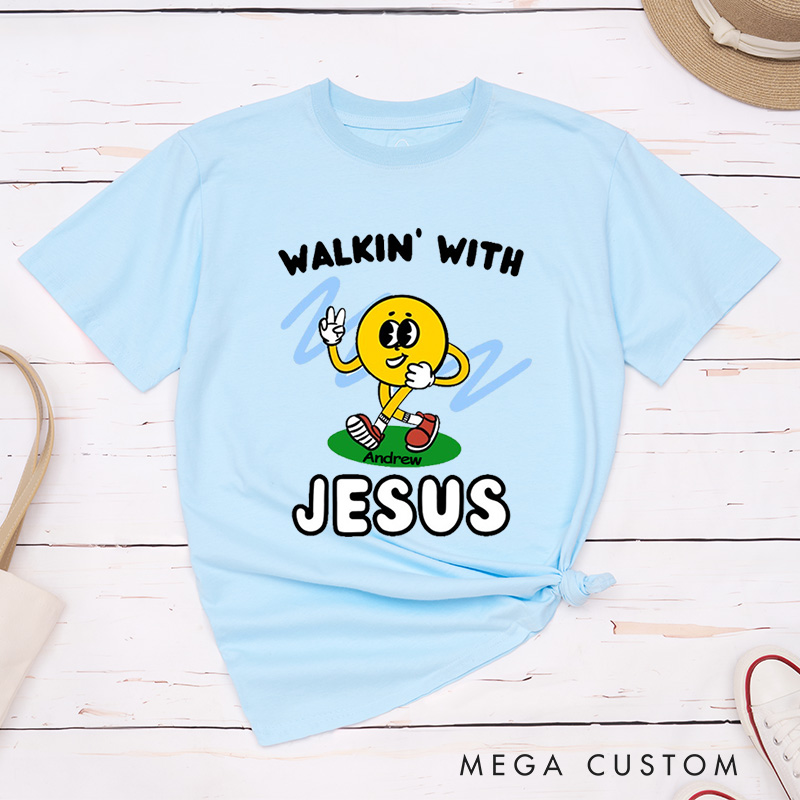 Personalized Walkin with Jesus Smiley Inspirational Shirt Cotton Classic T-Shirt with Custom Name Religious Gift Perfect Gift for Christians
