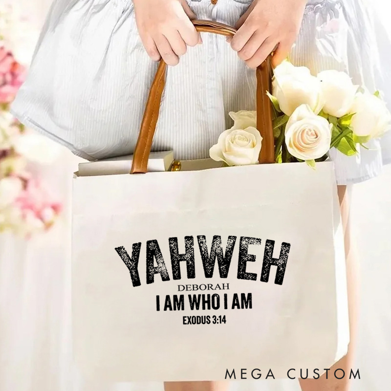 Personalized Yahweh I Am Who I Am Large Canvas Tote Bag with Name and Leather Handle Travel Accessories Religious Ceremonies Gift for Women Christian