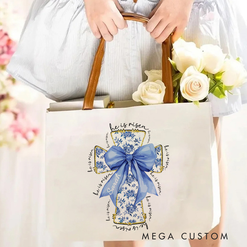 Personalized He Is Risen Bible Verse Canvas Tote Bag with Name and Leather Handle Travel Accessories Religious Ceremonies Gift for Women Christian
