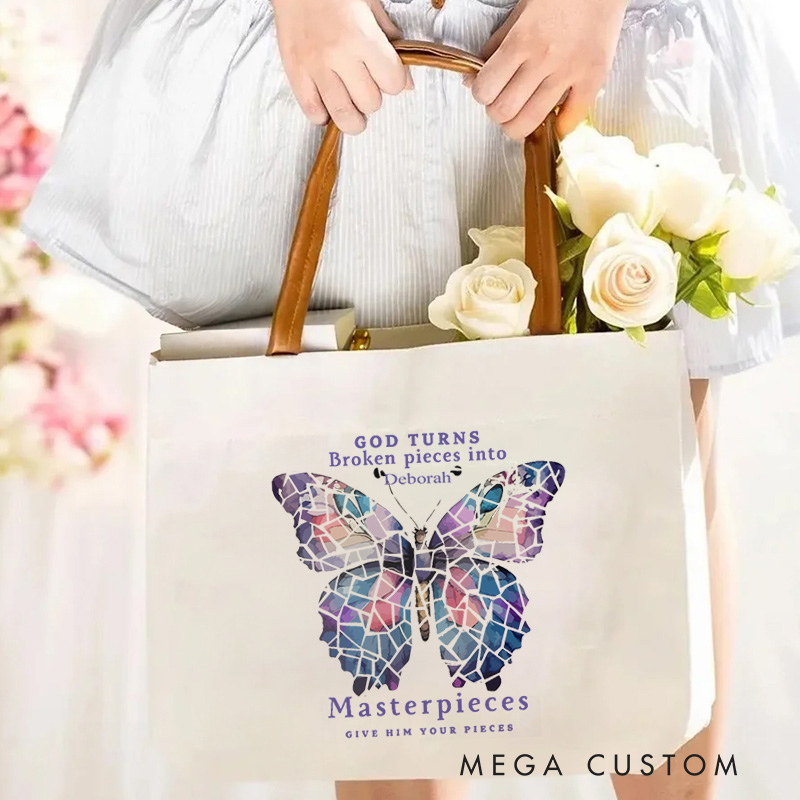Personalized God Turns Broken Pieces Into Tote Bag with Name and Leather Handle Travel Accessories Religious Ceremonies Gift for Women Christian