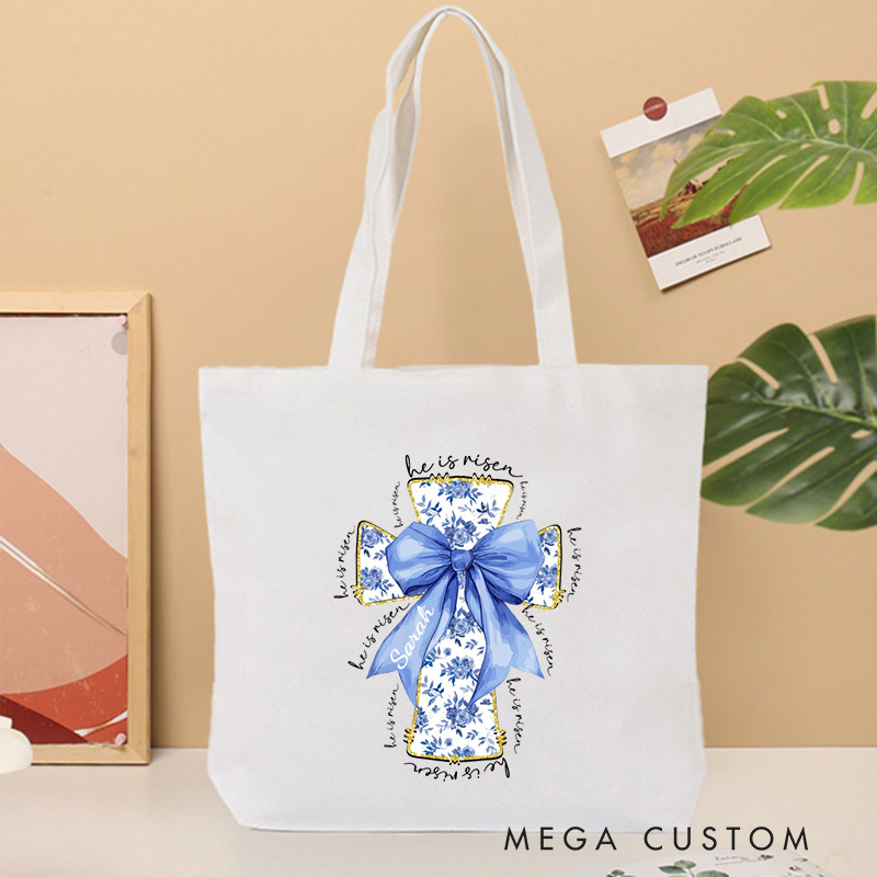 Personalized He Is Risen Bible Verse Canvas Tote Bag with Custom Name Christians Gift Birthday Gift Christian Travel Gift for Jesus Lover