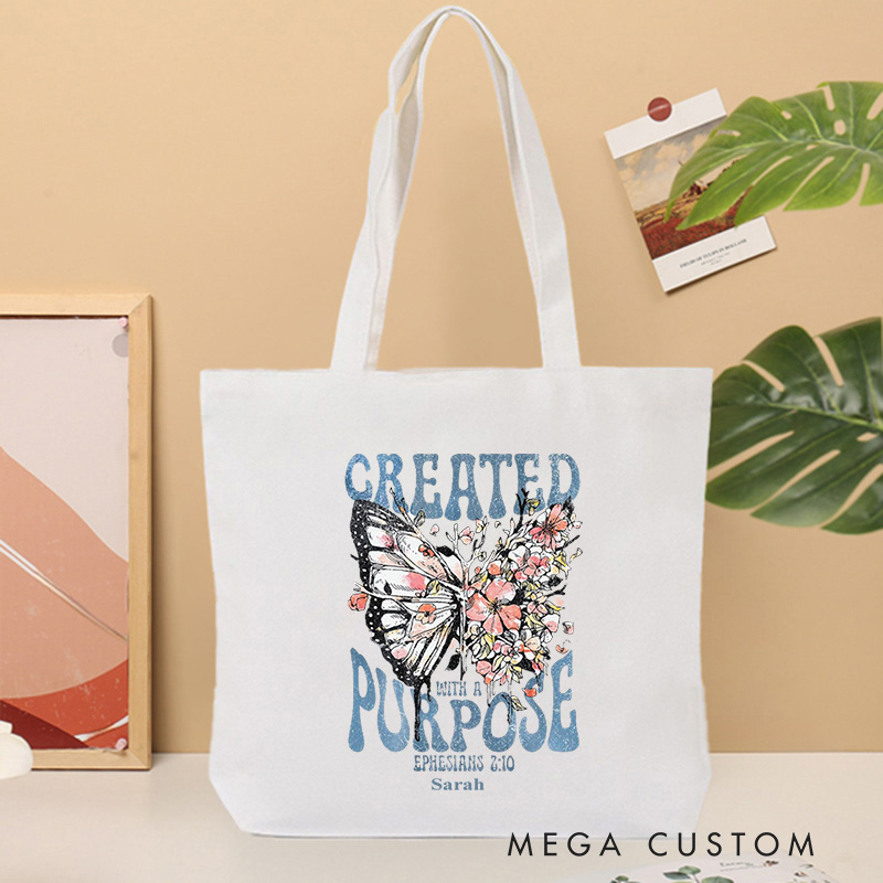 Personalized Created With a Purpose Bible Verse Canvas Tote Bag with Name Christmas Gift for Women Positive Affirmation Religious Gift for Christian