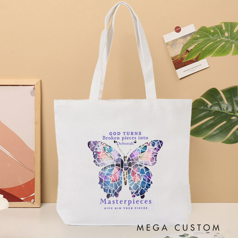 Personalized God Turns Broken Pieces Into Canvas Tote Bag with Custom Name Christians Gift Birthday Gift Christian Travel Gift for Jesus Lover 